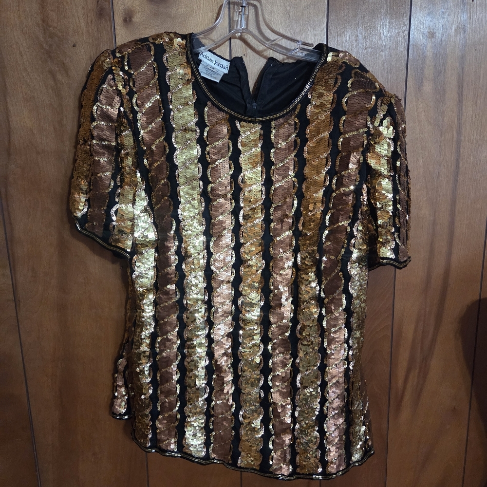 Vintage Adrian Jordan Plus Size 1x 100% Silk Gold Black Sequin Top